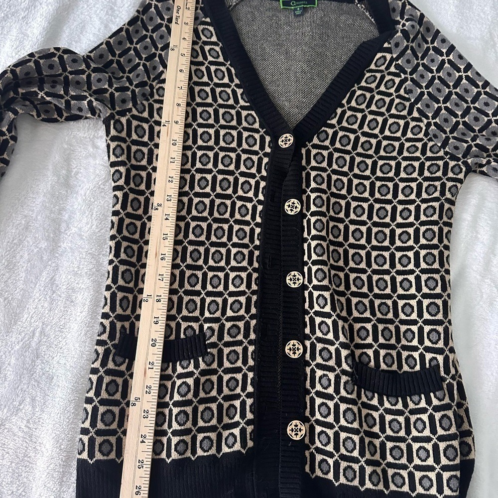 C Wonder Womens Geometric Tile V-Neck Cardigan Sweater Black Grey Small Luxury - Picture 7 of 7